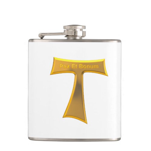 Franciscan Tau Cross Pax Et Bonum Gold Metallic Flask