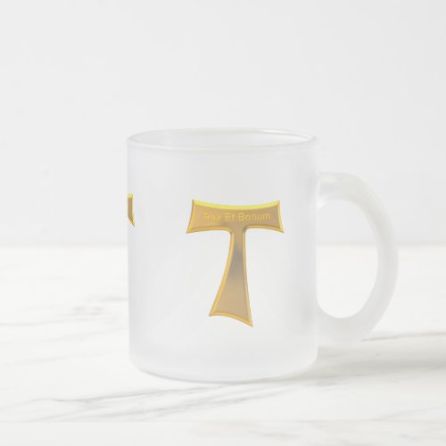Franciscan Tau Cross Pax Et Bonum Gold Metallic Frosted Glass Coffee Mug