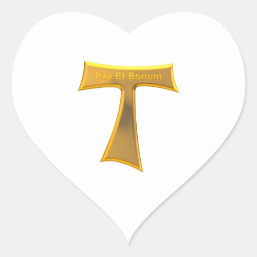 Franciscan Tau Cross Pax Et Bonum Gold Metallic Heart Sticker