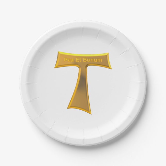 Franciscan Tau Cross Pax Et Bonum Gold Metallic Paper Plates (Front)