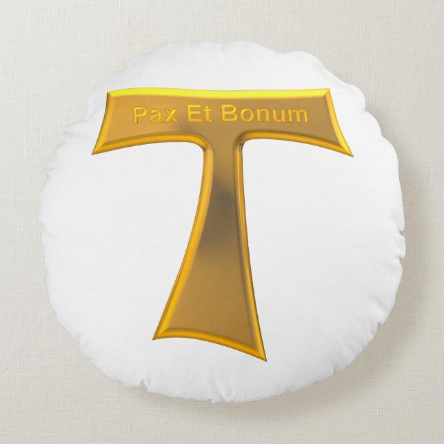 Franciscan Tau Cross Pax Et Bonum Gold Metallic Round Pillow (Front)