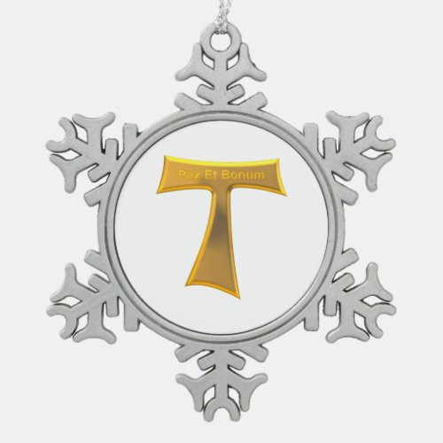 Franciscan Tau Cross Pax Et Bonum Gold Metallic Snowflake Pewter Christmas Ornament