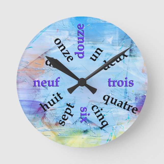 Francophone Numbers Abstract Paint Round Clock (Front)