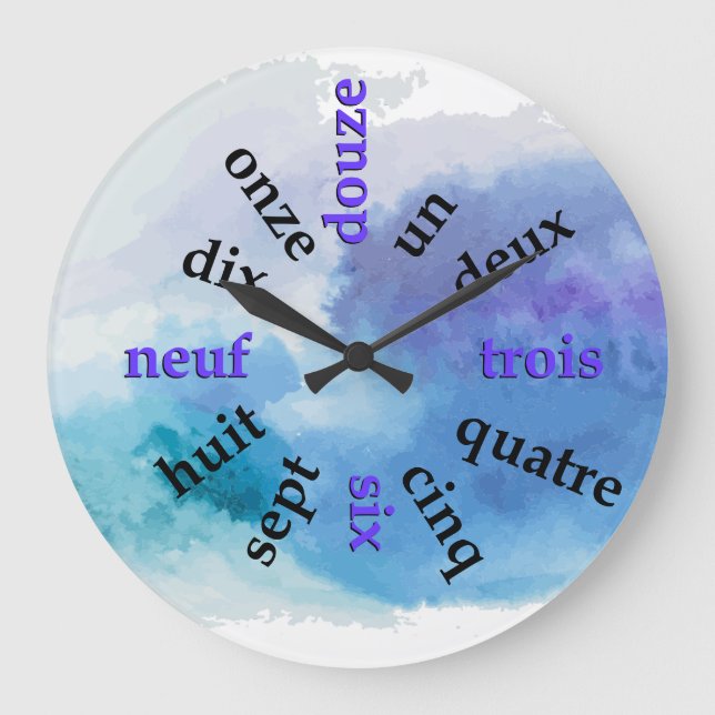 Francophone Numbers Blue Watercolor Round Clock (Front)