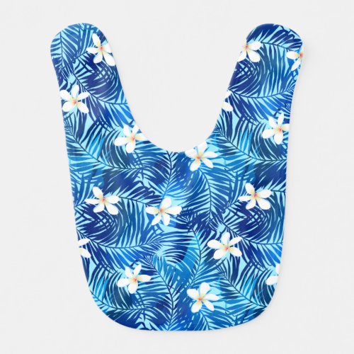 Frangipani and blue palm leaf baby bib