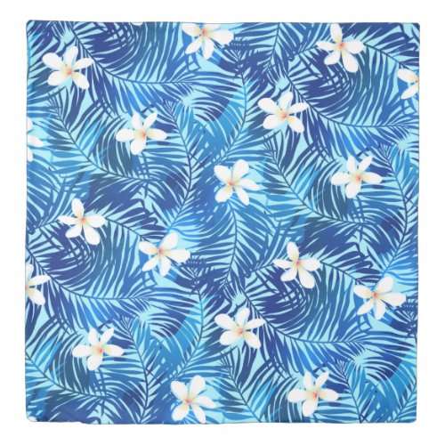 Frangipani and blue palm leaf duvet cover