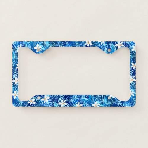 Frangipani and blue palm leaf license plate frame