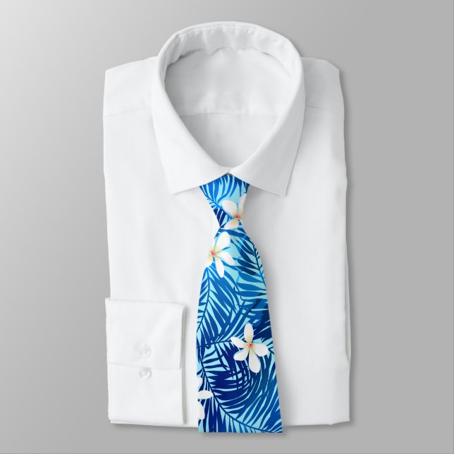 Frangipani and blue palm leaf neck tie (Tied)