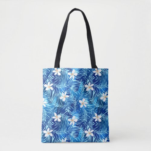 Frangipani and blue palm leaf tote bag
