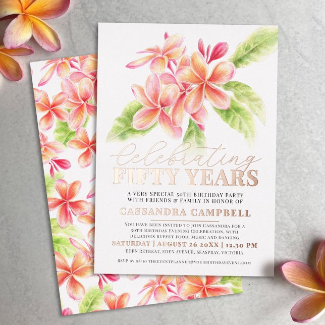 Frangipani celebrating fifty years birthday party foil invitation (Creator Uploaded)