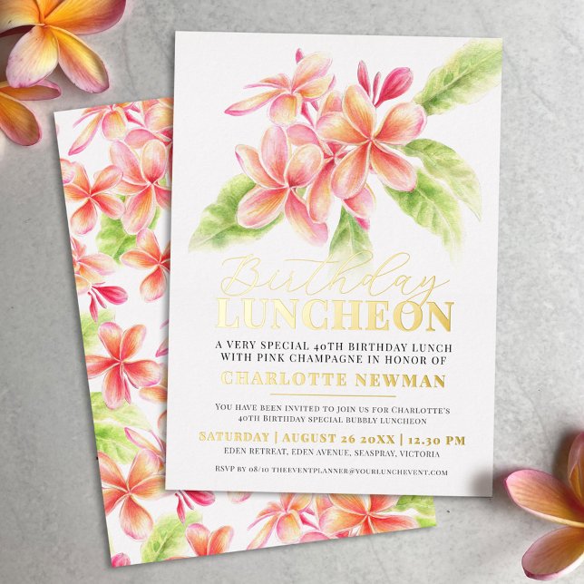 Frangipani floral birthday luncheon 40th birthday foil invitation (Creator Uploaded)