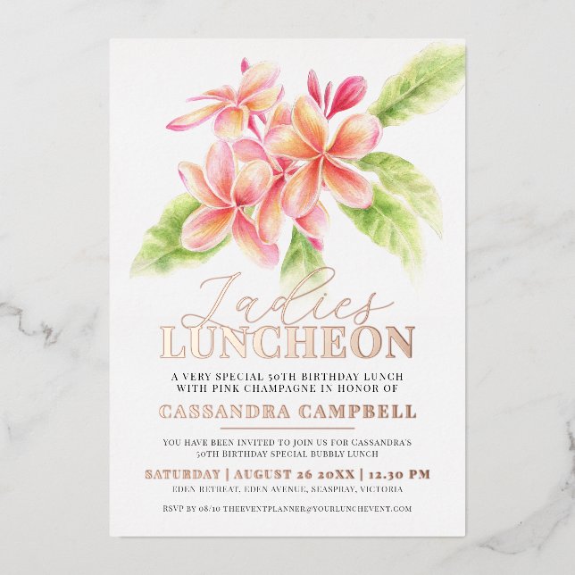 Frangipani floral ladies luncheon birthday foil invitation (Front)