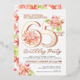 Frangipani floral pink orange 65th birthday party foil invitation