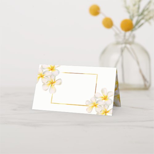 Frangipani floral watercolor white gold wedding place card