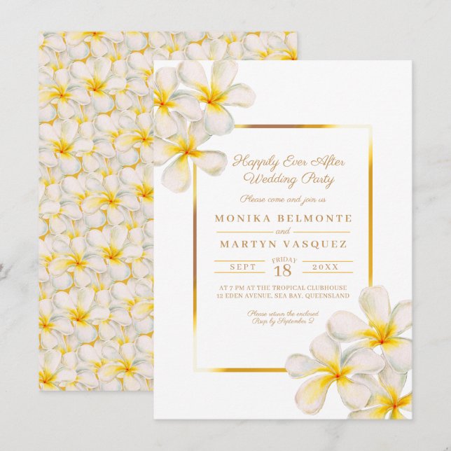 Frangipani gold tropical after party wedding invitation (Front/Back)