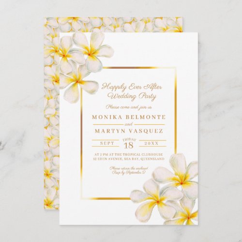 Frangipani gold tropical after party wedding invitation