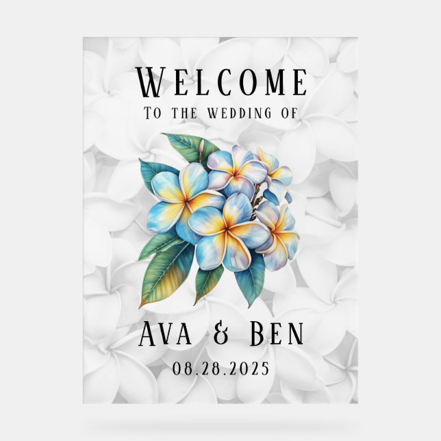 Frangipani Hawaiian Floral Wedding Welcome Acrylic Sign (Front)