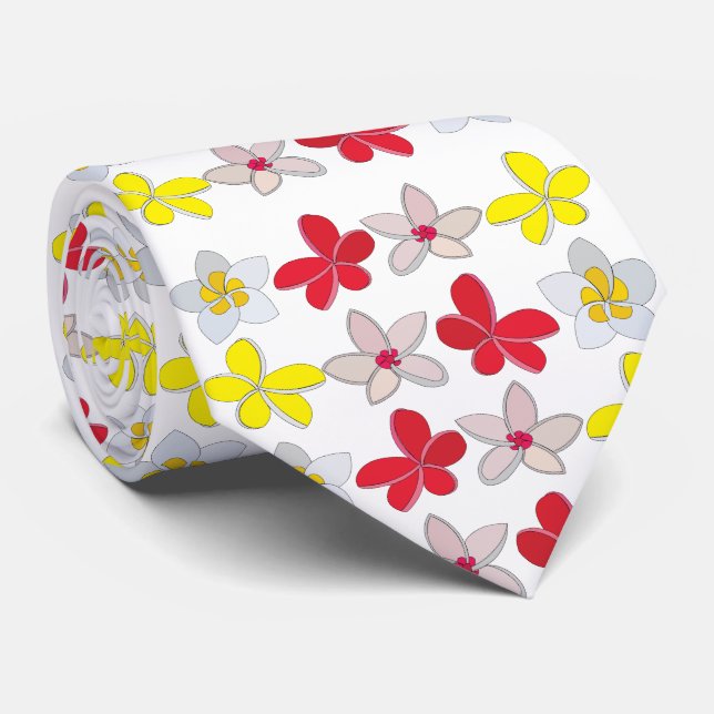 Frangipani Plumeria Colorful Floral Flowers Neck Tie (Rolled)