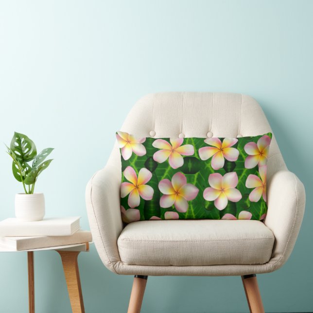 Frangipani Plumeria Flowers on Green Leaves Lumbar Pillow (Chair)