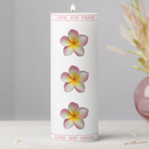 Frangipani Plumeria Flowers on Light Coral Pink Pillar Candle