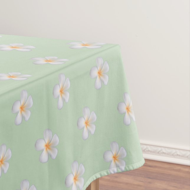 Frangipani Plumeria Flowers on Light Green Tablecloth (In Situ)