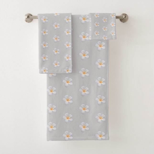  Frangipani Plumeria Flowers on Light Silver Gray Bath Towel Set (Insitu)
