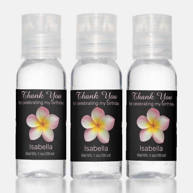 Frangipani Plumeria on Black Thank You Birthday Hand Sanitizer (Set)