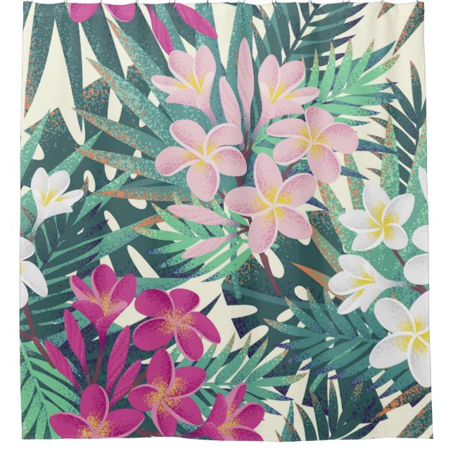 Frangipani Tropical: Pink-White Vintage. Shower Curtain (Front)