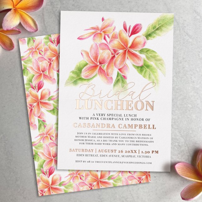 Frangipani watercolor floral bridal luncheon foil invitation (Creator Uploaded)