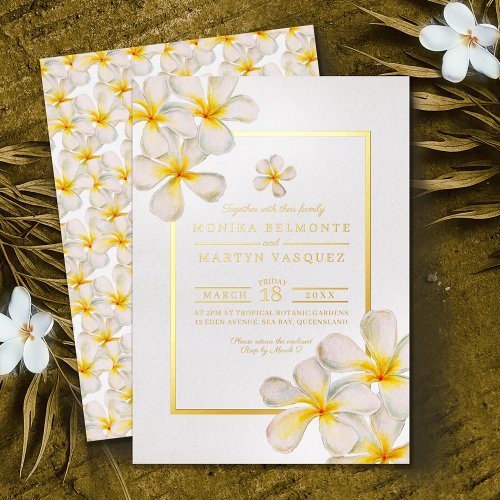 Frangipani white gold tropical flower art wedding  foil invitation