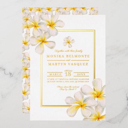 Frangipani white gold tropical flower art wedding  foil invitation