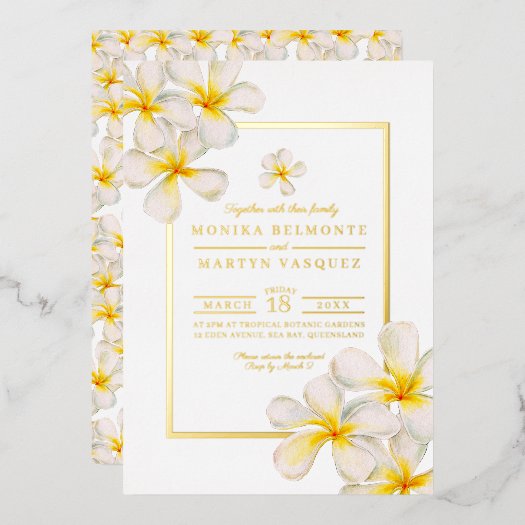 Frangipani white gold tropical flower art wedding  foil invitation