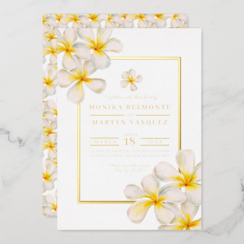 Frangipani white gold tropical flower art wedding  foil invitation