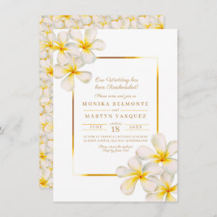 Frangipani white gold tropical rescheduled wedding invitation