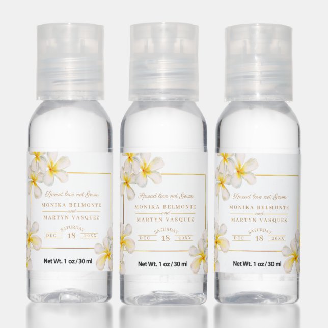 Frangipani white gold tropical wedding favor  hand sanitizer (Set)