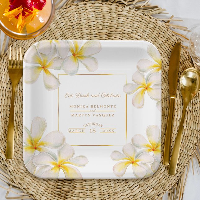 Frangipani white gold tropical wedding  paper plates (Creator Uploaded)