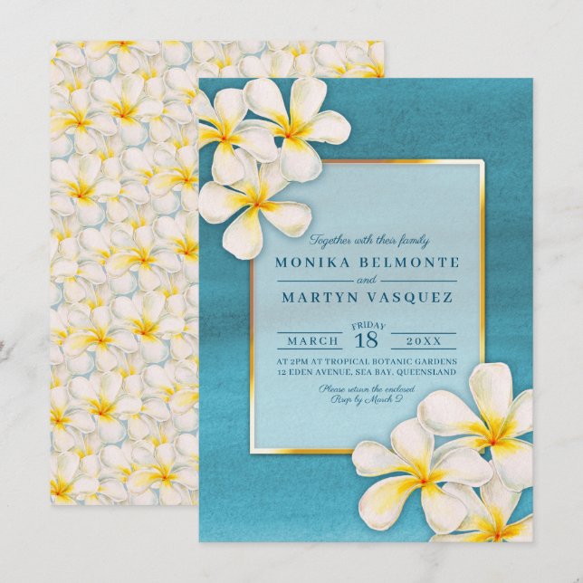 Frangipani white tropical flower art wedding invitation (Front/Back)