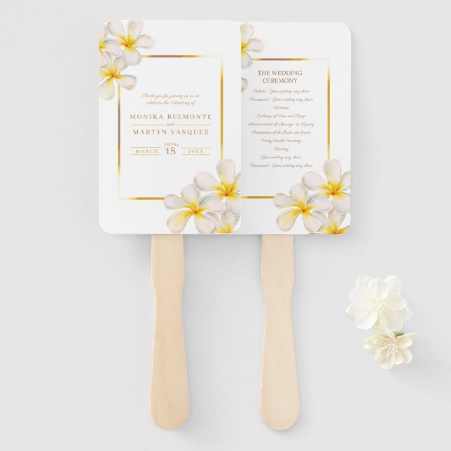 Frangipani white yellow tropical wedding program hand fan (Front and Back)