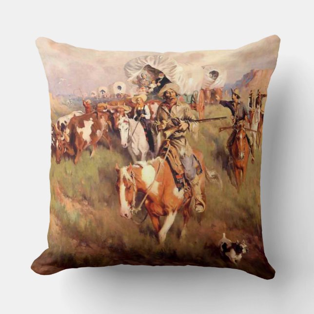 Frank Tenney Johnson Western Art "Ever Westward" Throw Pillow (Front)