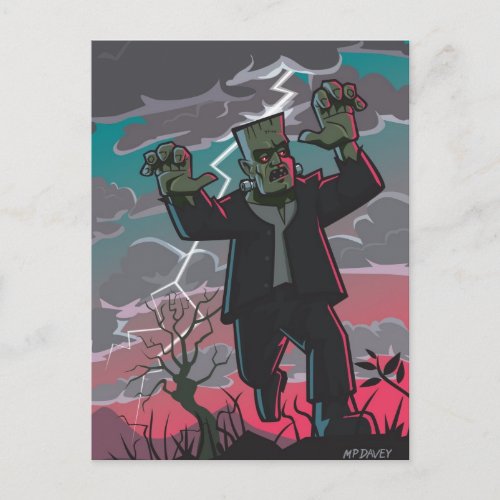frankenstein creature in storm postcard