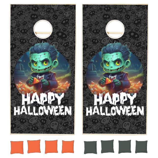 Frankenstein Eating Candy Happy Halloween Cornhole Set (Set)