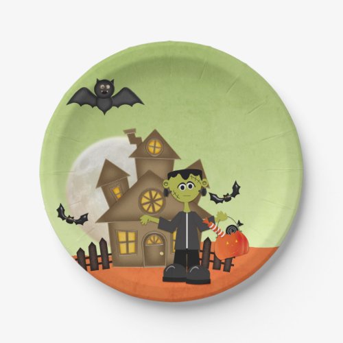 Frankenstein Haunted House Halloween Paper Plates