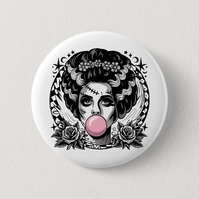 Frankenstein Monster And Bride Bubble Gum Funny Ha Button (Front)