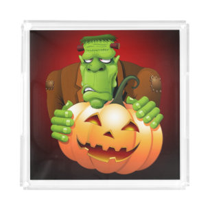Frankenstein Monster Cartoon with Pumpkin Acrylic Tray