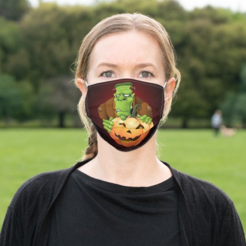 Frankenstein Monster Cartoon with Pumpkin Adult Cloth Face Mask