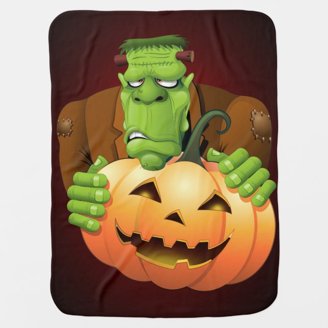 Frankenstein Monster Cartoon with Pumpkin Baby Blanket (Front)
