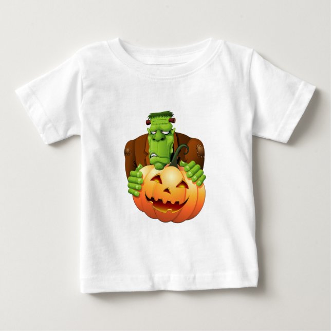 Frankenstein Monster Cartoon with Pumpkin Baby T-Shirt (Front)