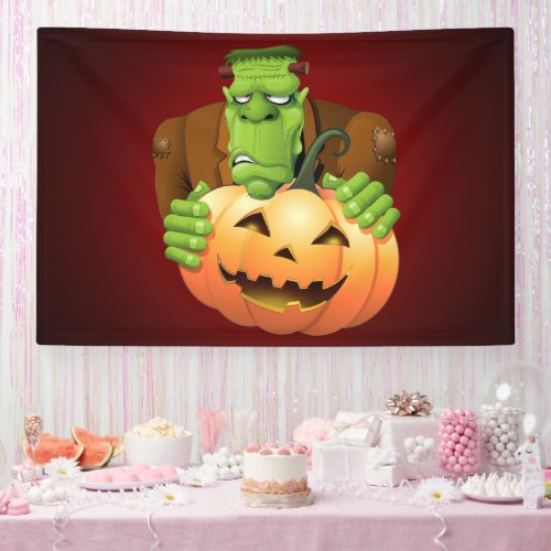 Frankenstein Monster Cartoon with Pumpkin Banner
