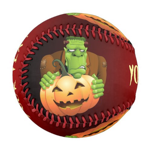 Frankenstein Monster Cartoon with Pumpkin Baseball