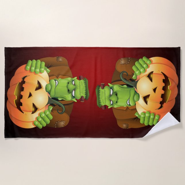 Frankenstein Monster Cartoon with Pumpkin Beach Towel (Front)